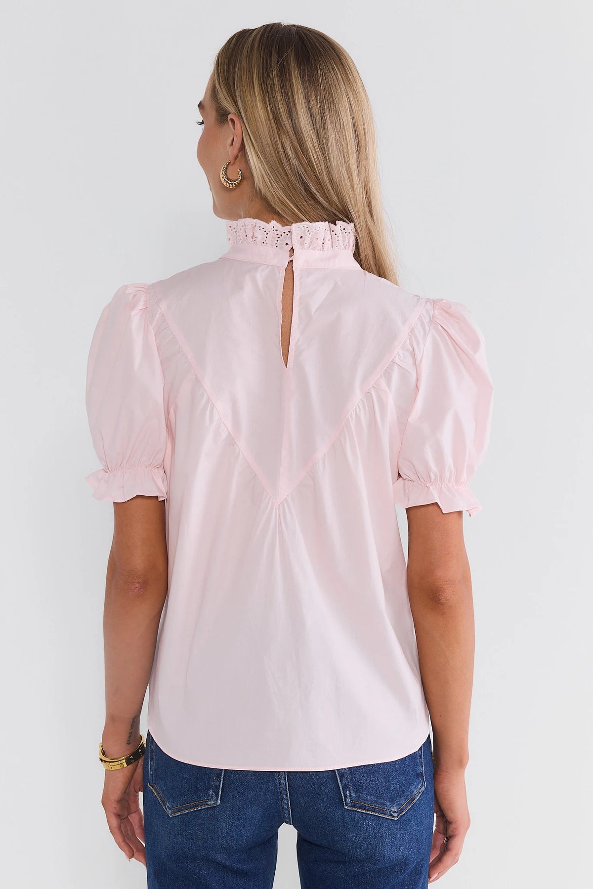 Pink Ruffle Collar Top with Keyhole Back & Puff Sleeves - Back View On Model | Avara