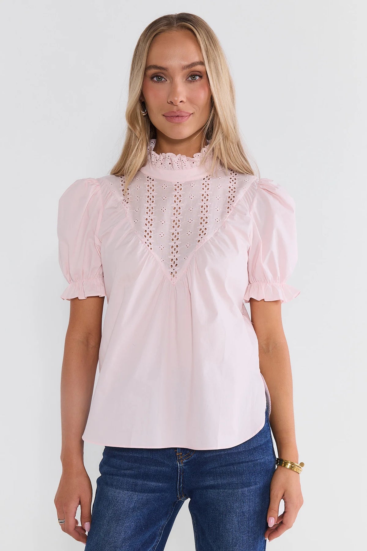 Pink Cotton Ruffle Collar Top with Eyelet Bib Detail - Front View On Model | Avara