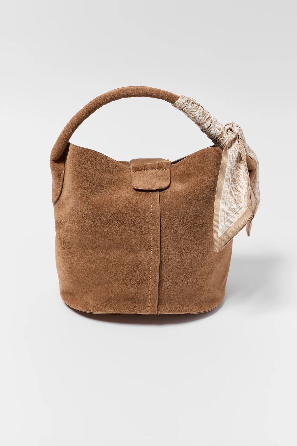 Tan Faux Suede Bucket Bag with Paisley Scarf Handle Detail - Front View | Avara