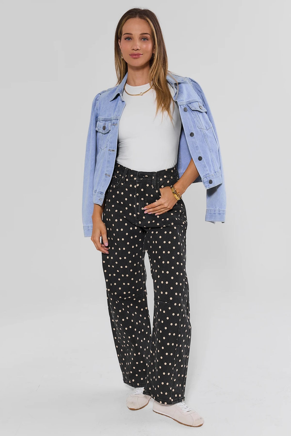 Black Polka Dot Barrel Jeans styled with denim jacket - Full Length On Model | Avara