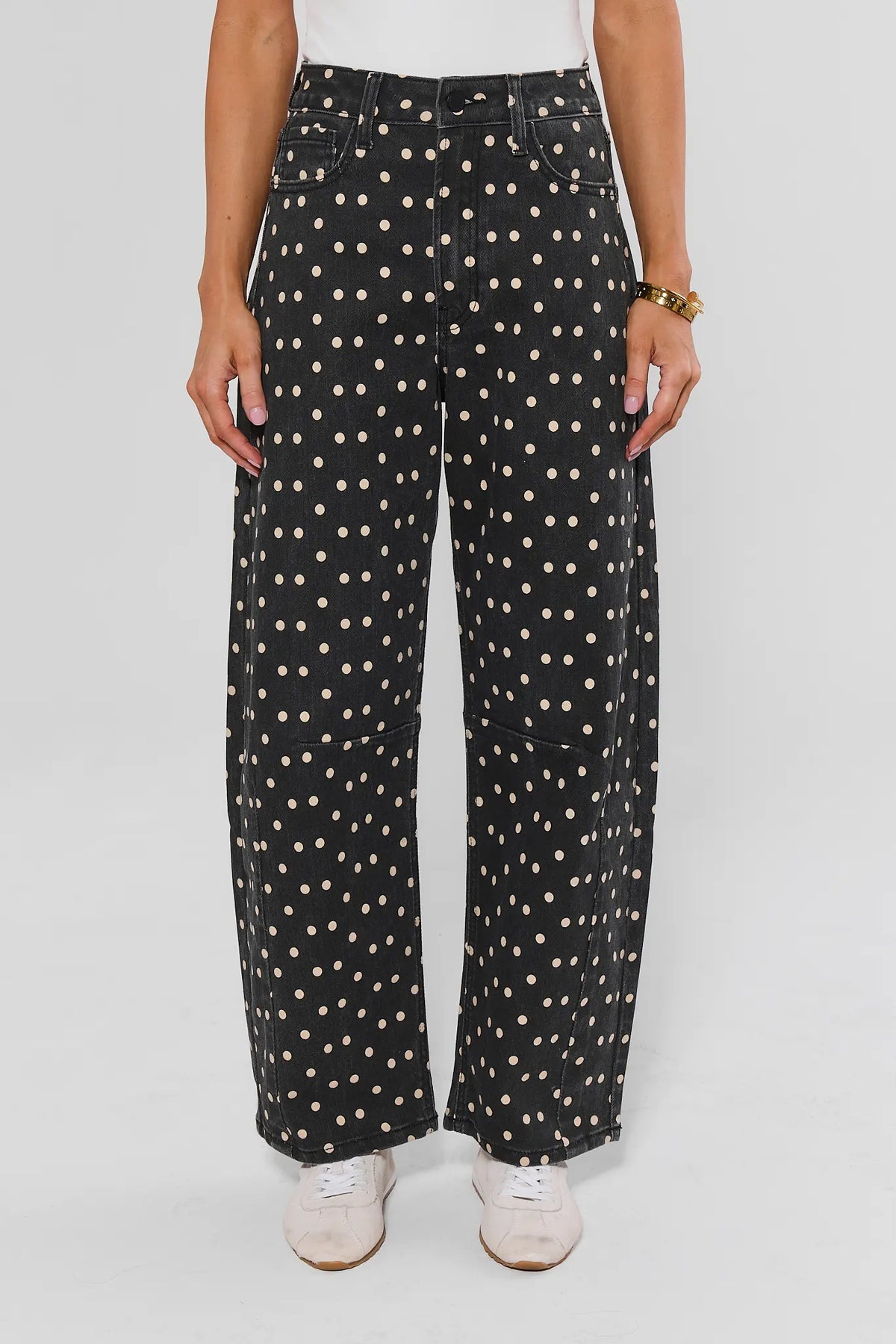 Black Polka Dot Barrel Jeans - Front View On Model | Avara