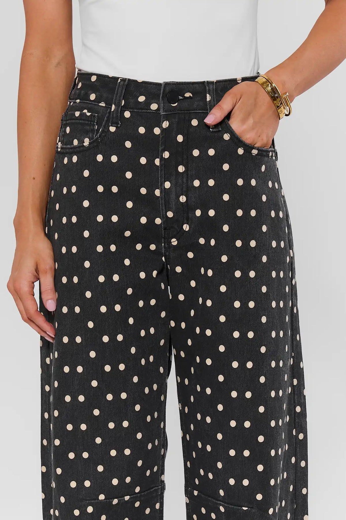 Black Polka Dot High-Rise Barrel Jeans - Waist Close-Up Detail | Avara