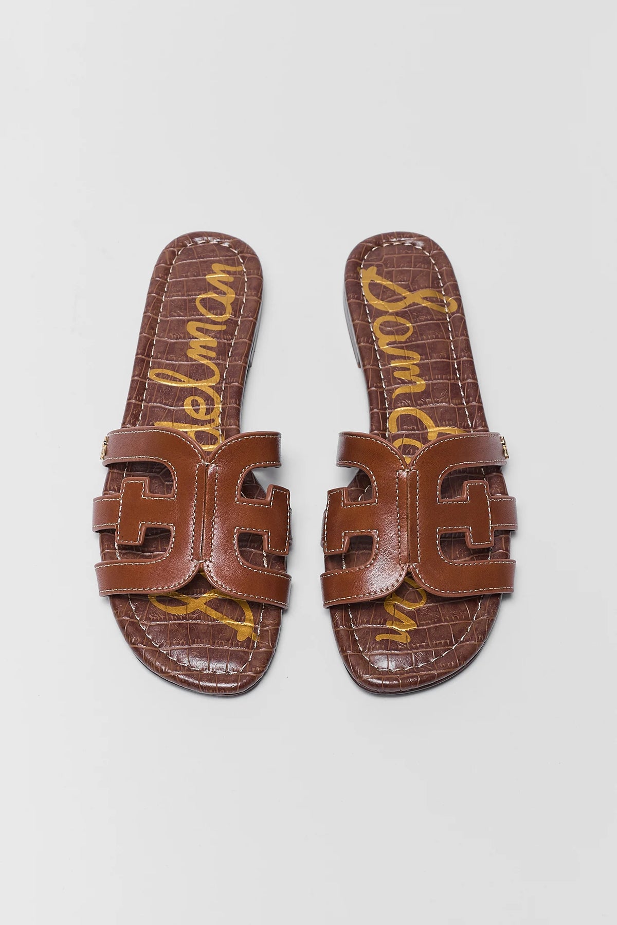 Camel Leather Bay Slide Sandals by Sam Edelman - Top-Down Pair View, Cutout Strap | Avara