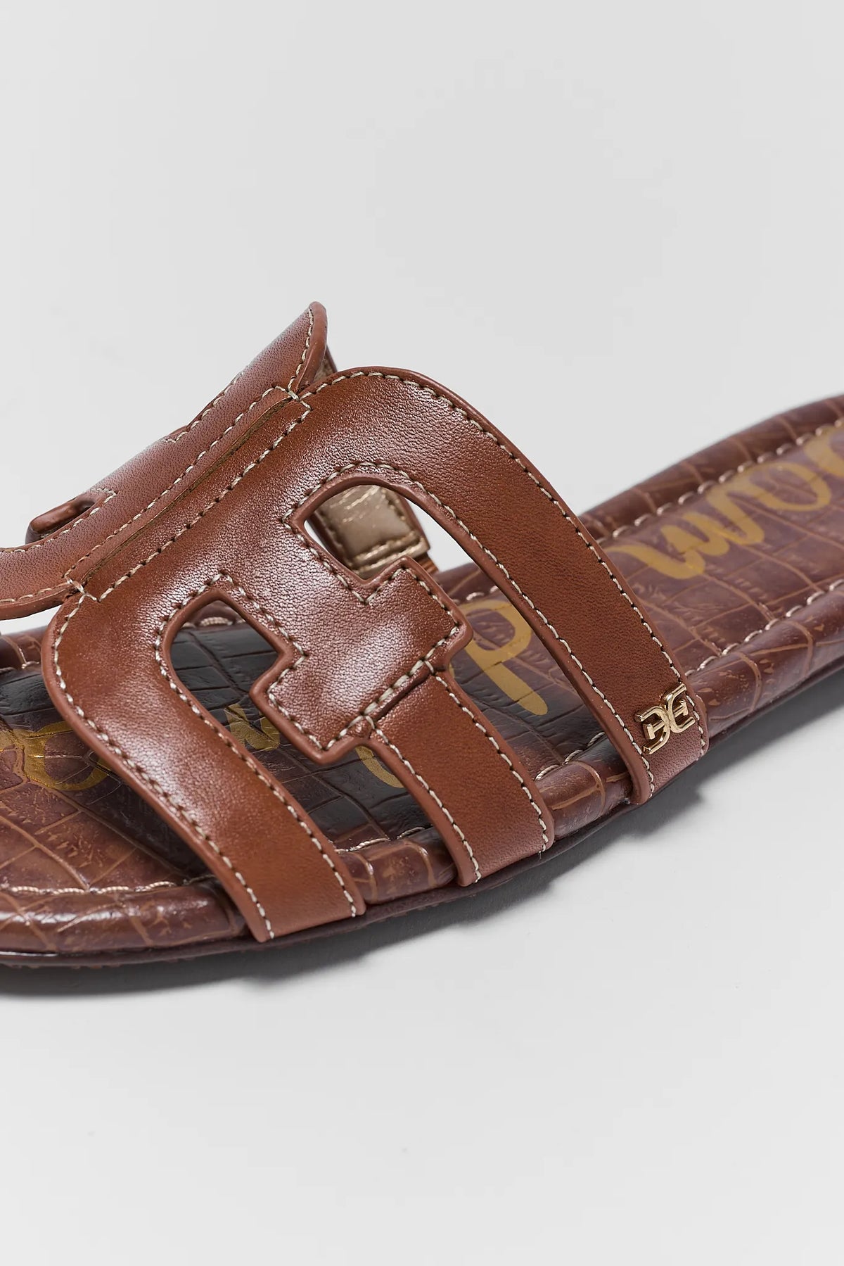Camel Bay Slide Sandals by Sam Edelman - Close-Up Strap & Gold Logo Hardware Detail | Avara