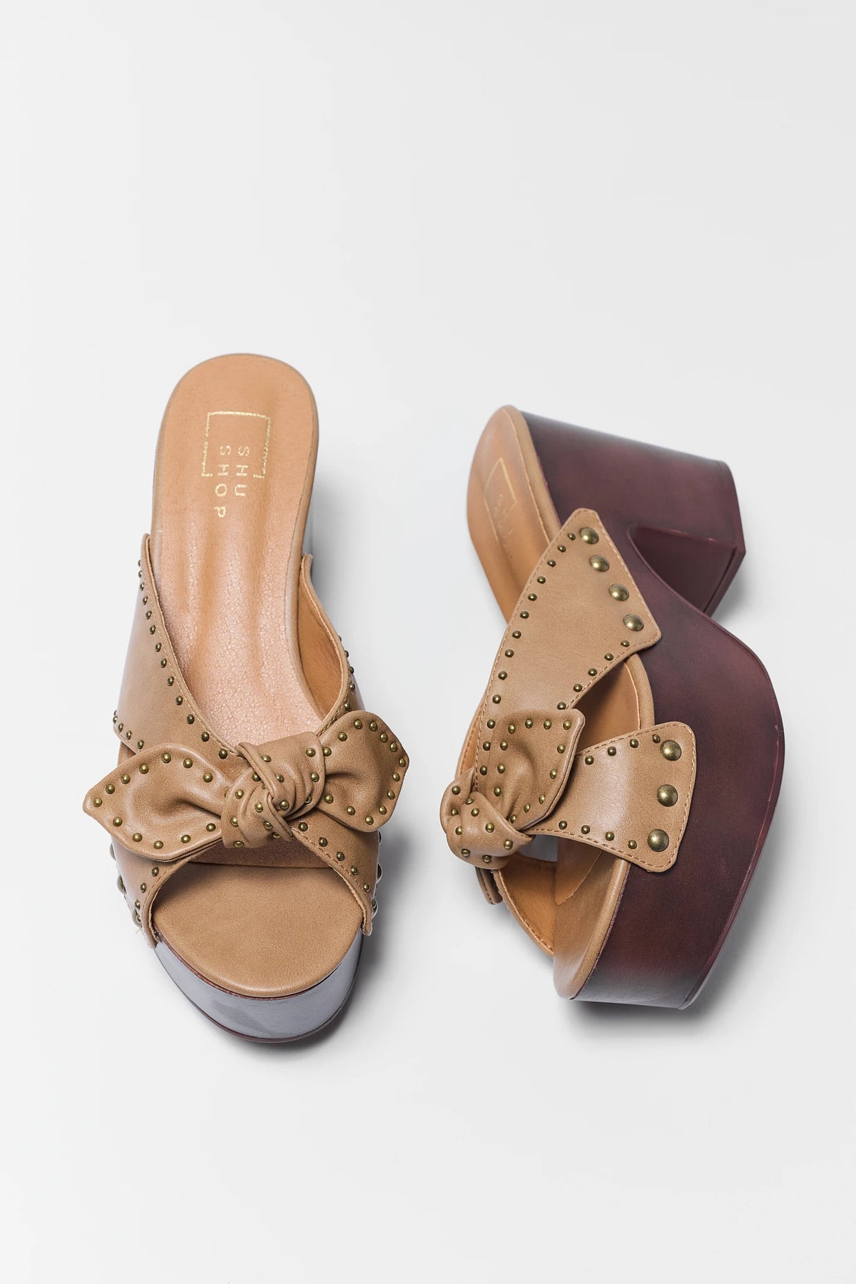 Brown Faux Leather Platform Heels for Women - Top View, Studded Bow Detail | Avara