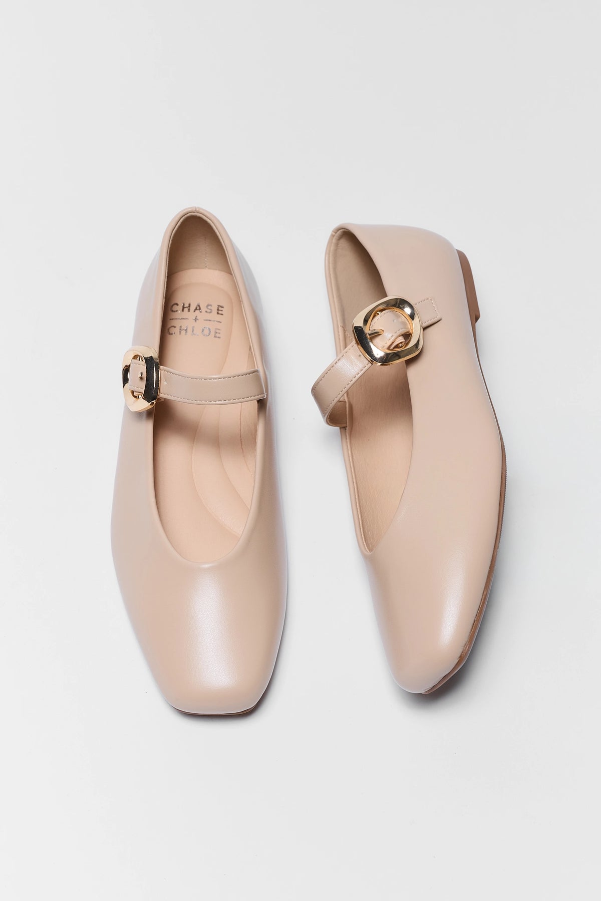 Nude Buckle Strap Ballet Flats - Top View, Gold Hardware Detail | Avara