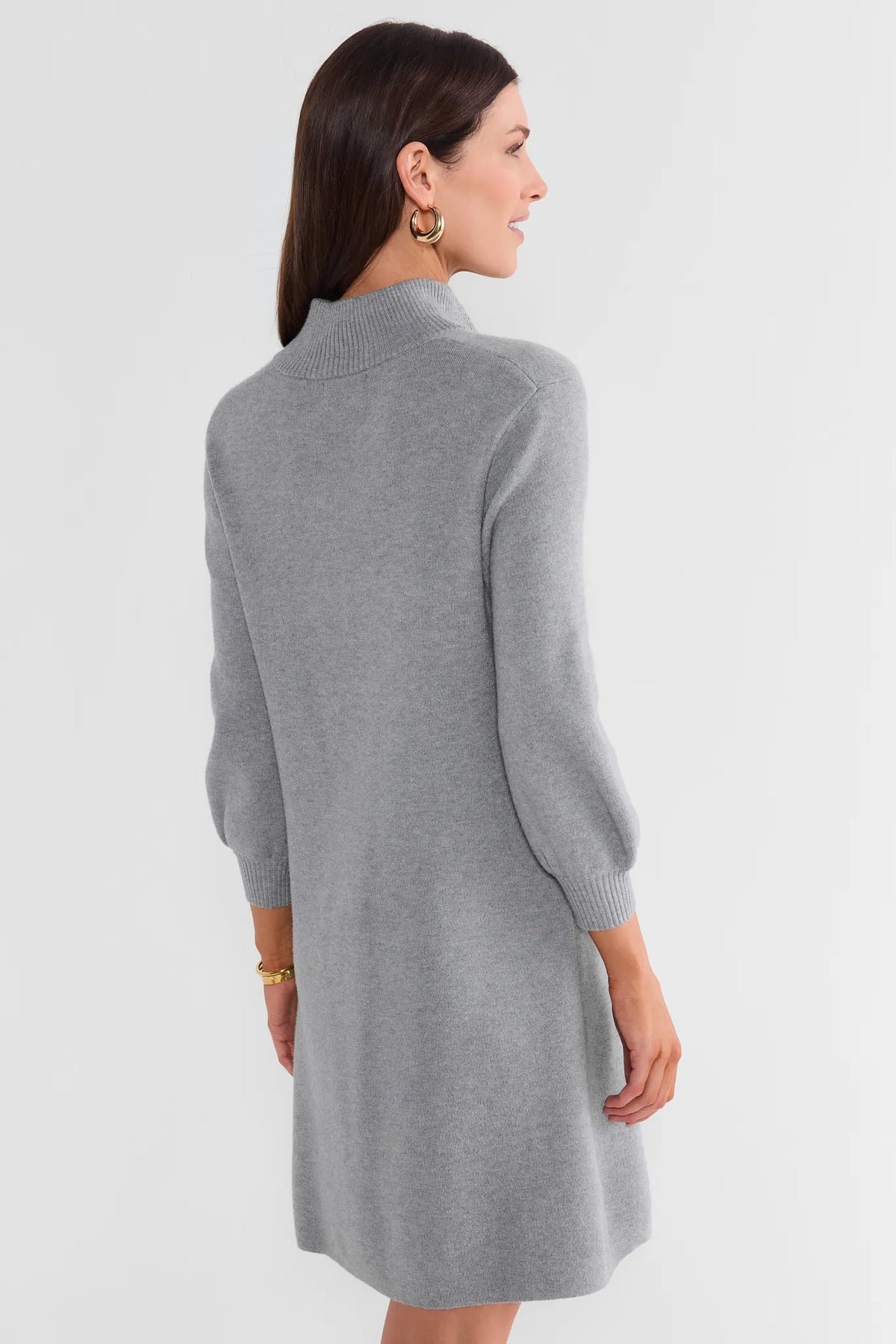 Gray Knit Short Dress - Back View, Mock Neck and Ribbed Cuffs Detail | Avara