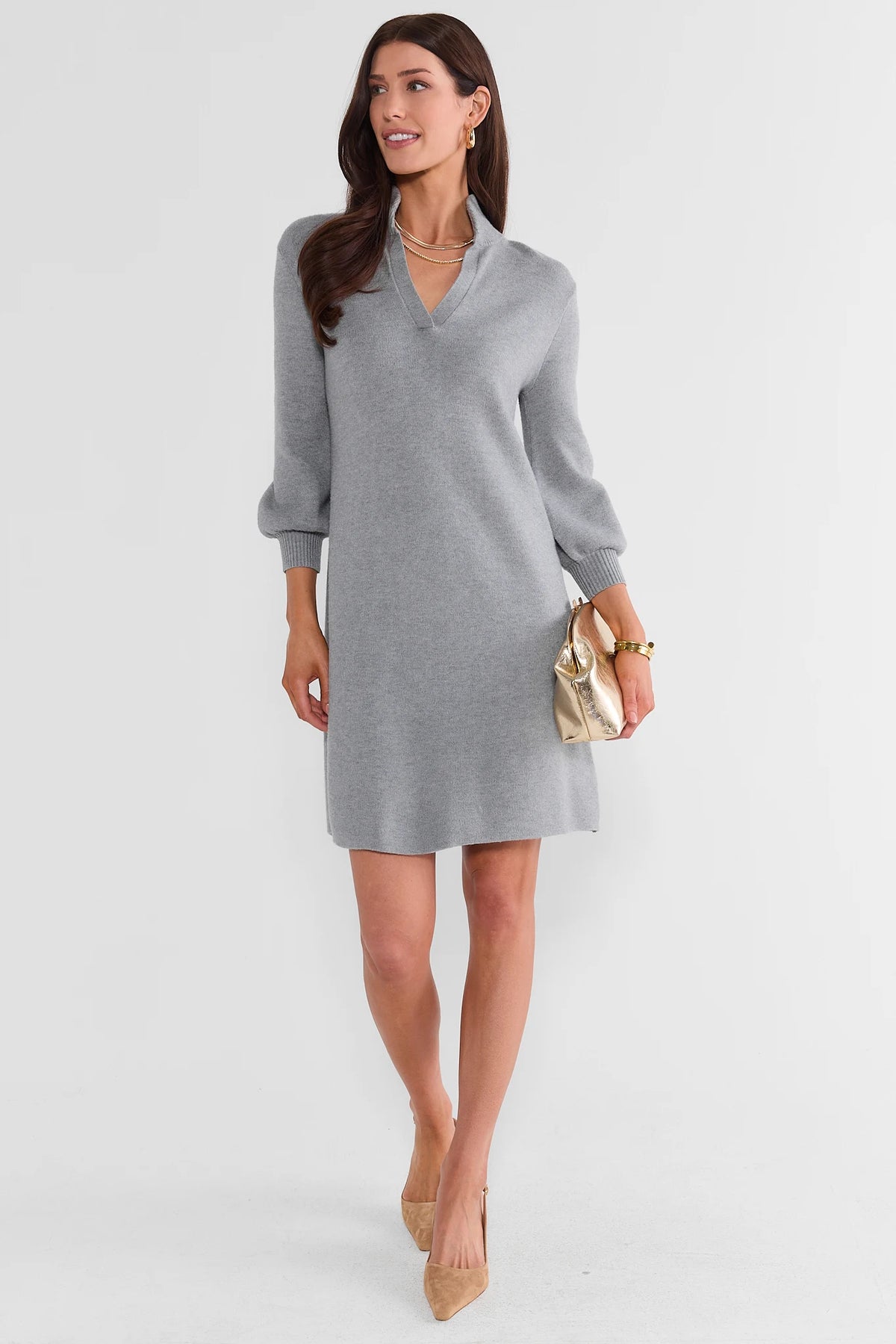 Gray Knit Short Dress - Three-Quarter Side View, Blouson Sleeve Detail | Avara