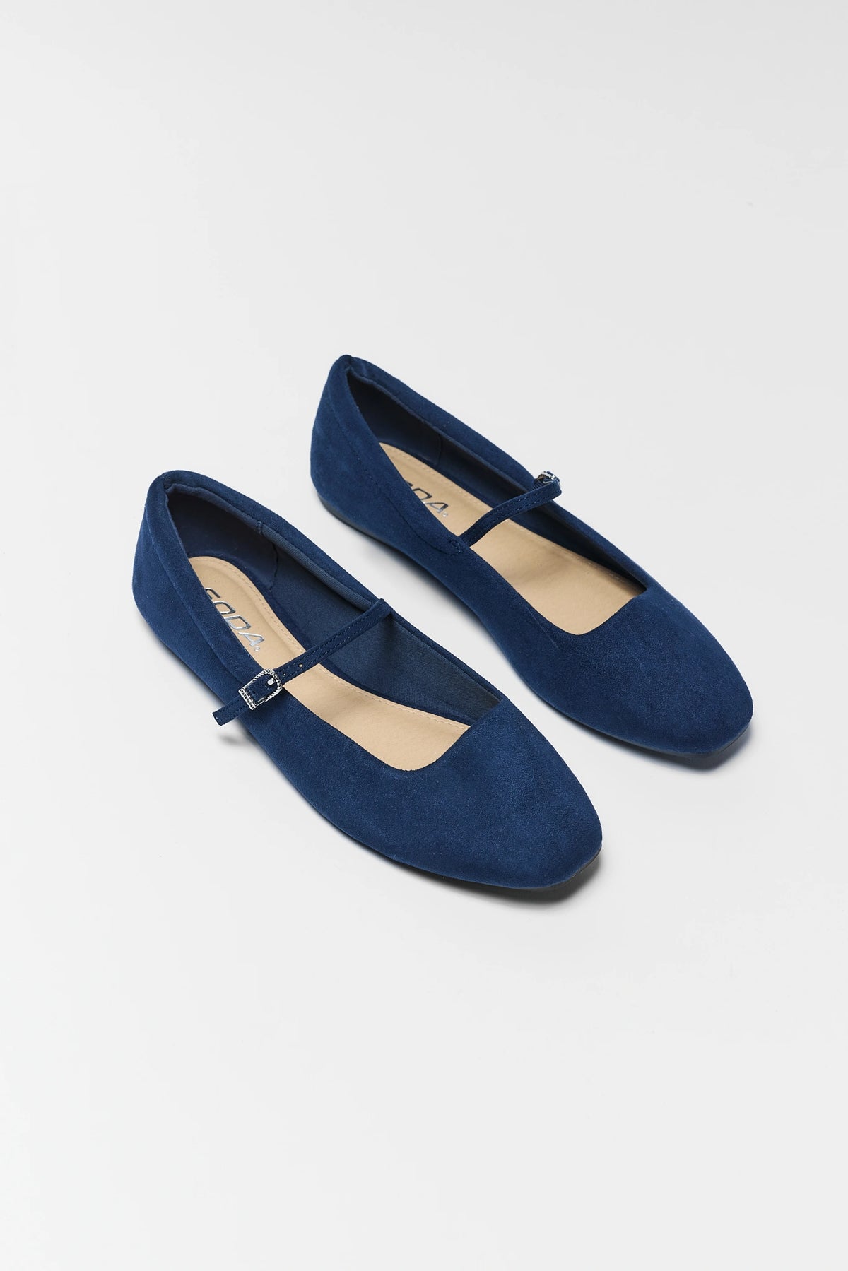 Navy Faux Suede Ballet Flats for Women - Angled Pair View, Square Toe Flat | Avara