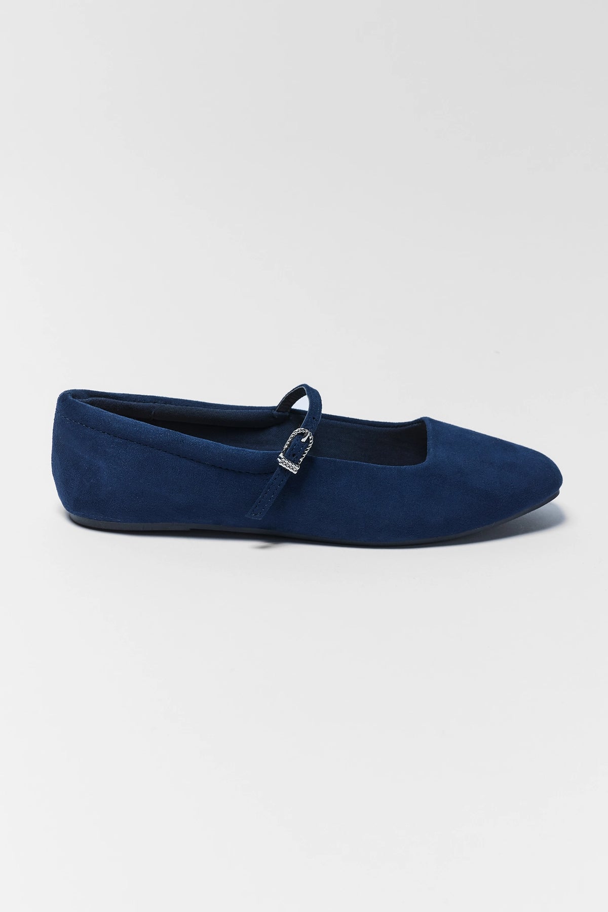 Cute Womens Navy Blue Suede Ballet Flats - Side Profile, Adjustable Ankle Strap | Avara