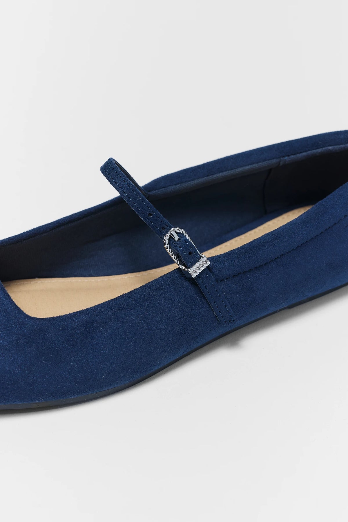 Womens Navy Faux Suede Ballet Flats - Close-Up Buckle Strap Detail | Avara