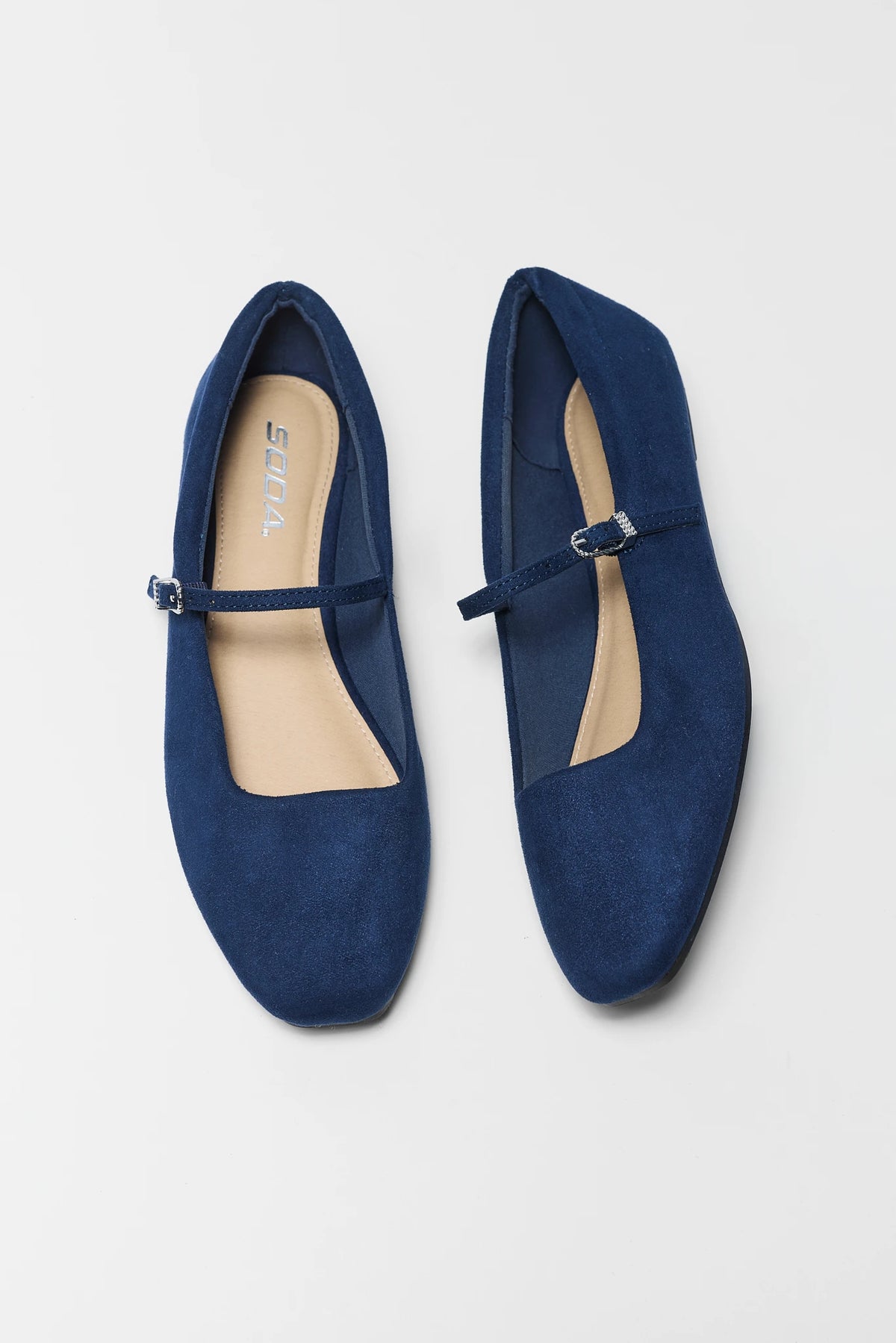 Navy Faux Suede Ballet Flats - Top View, Square Toe with Adjustable Strap | Avara