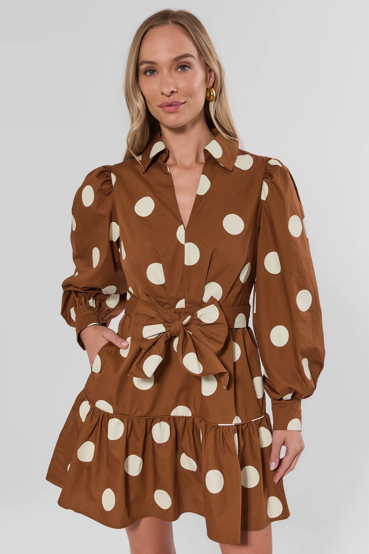 Brown Cotton Polka Dot Short Dress - Front View On Model | Avara