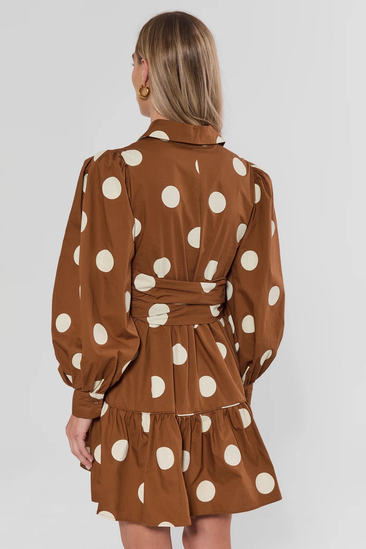 Brown Polka Dot Short Dress - Back View, Tie Waist & Ruffle Hem Detail | Avara