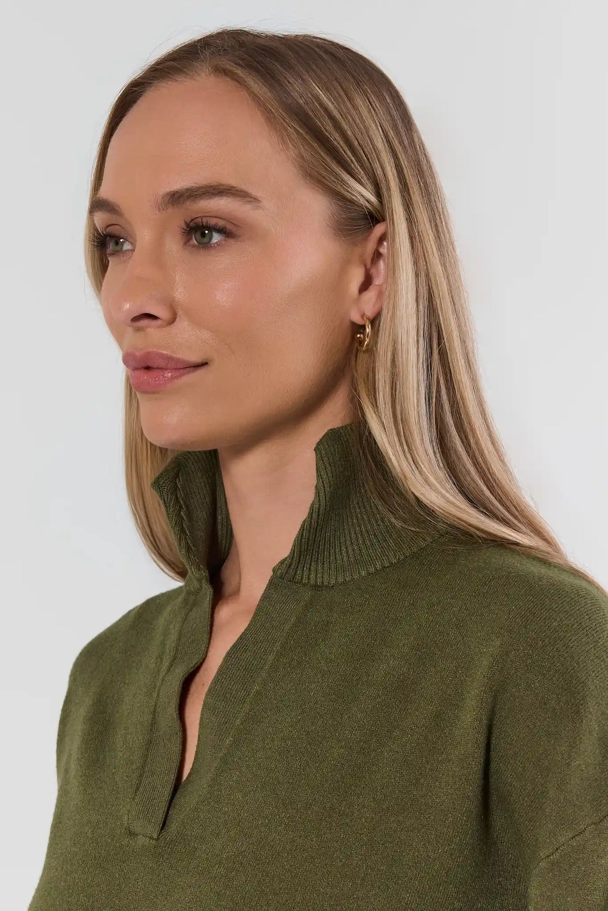 Olive Knit Sweater - Close-Up Side Profile, Split V-Neck with Ribbed Collar Detail | Avara