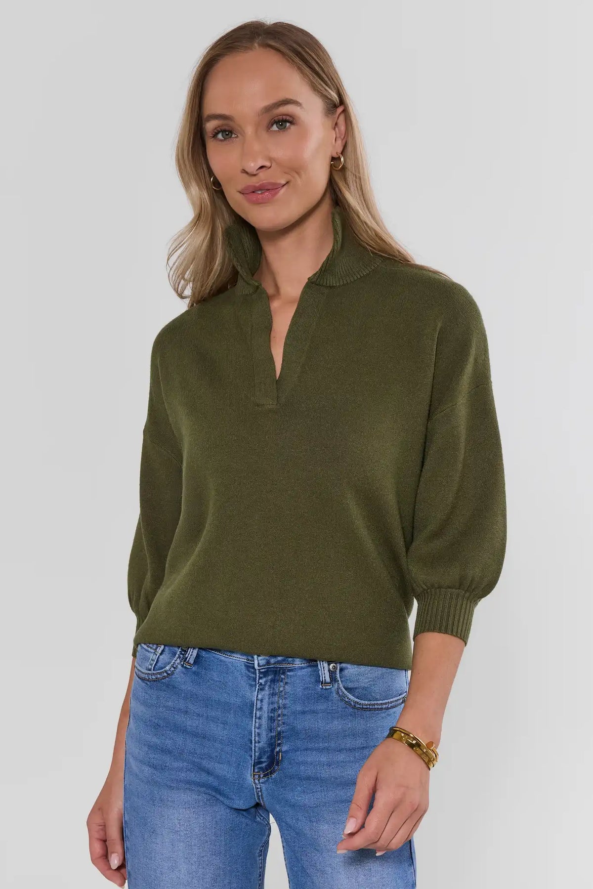 Olive Knit Sweater - On Model Front View, Split V-Neck and 3/4 Puff Sleeve Women's Fall Top | Avara