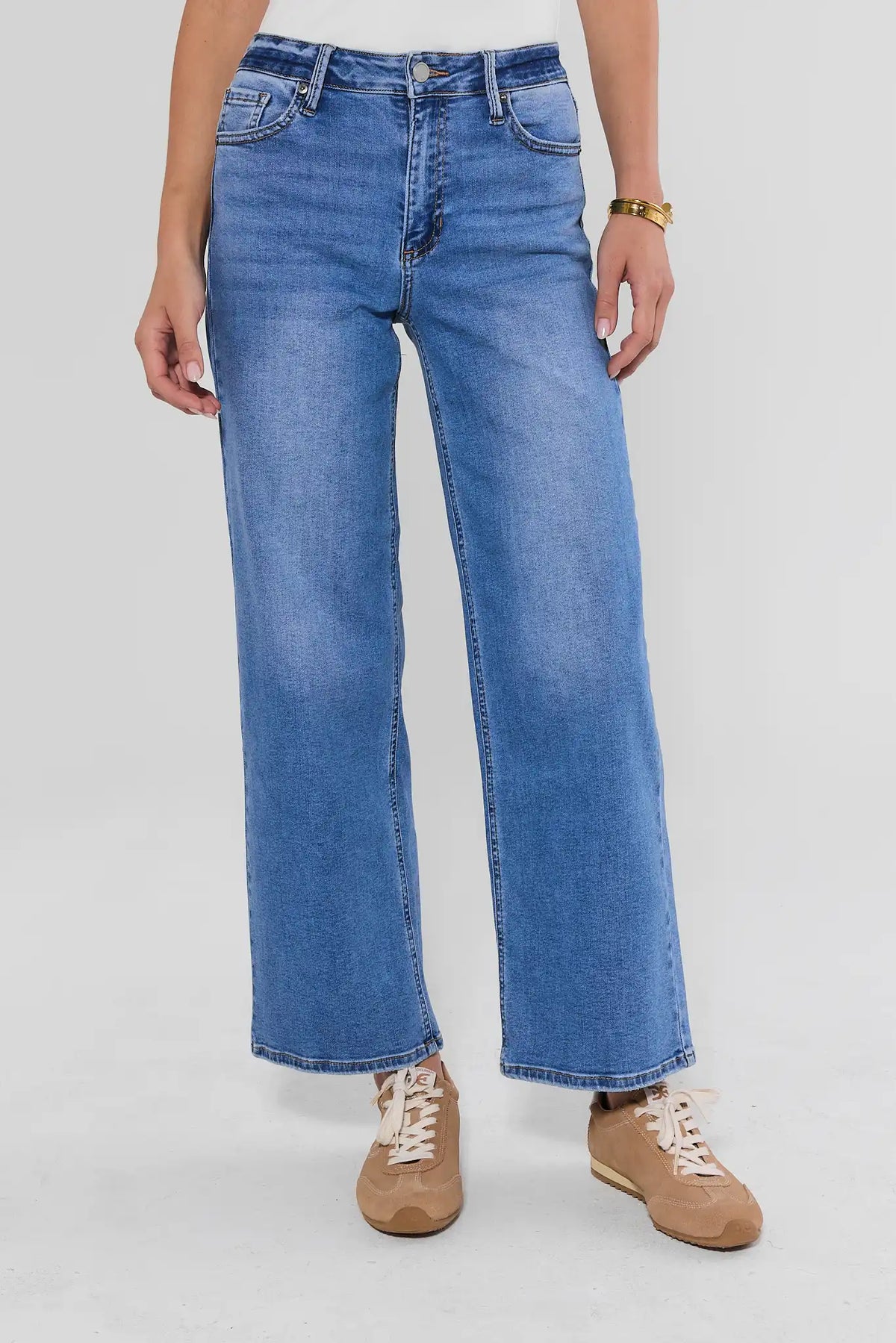 Medium Wash High-Rise Straight Leg Jeans - Front Crop View On Model | Avara