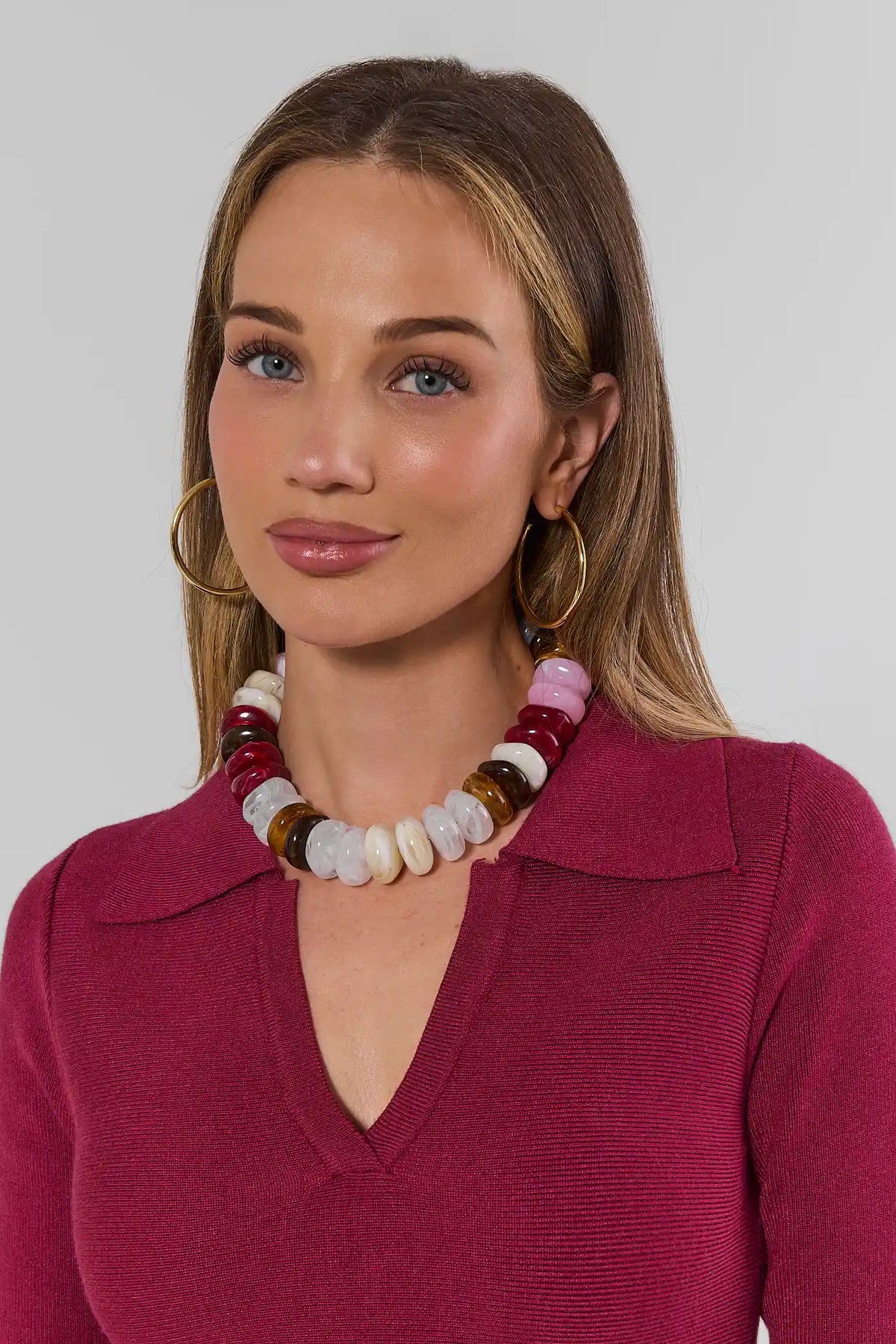 Burgundy Chunky Beaded Necklace On Model with Magenta Knit Top - Front View | Avara