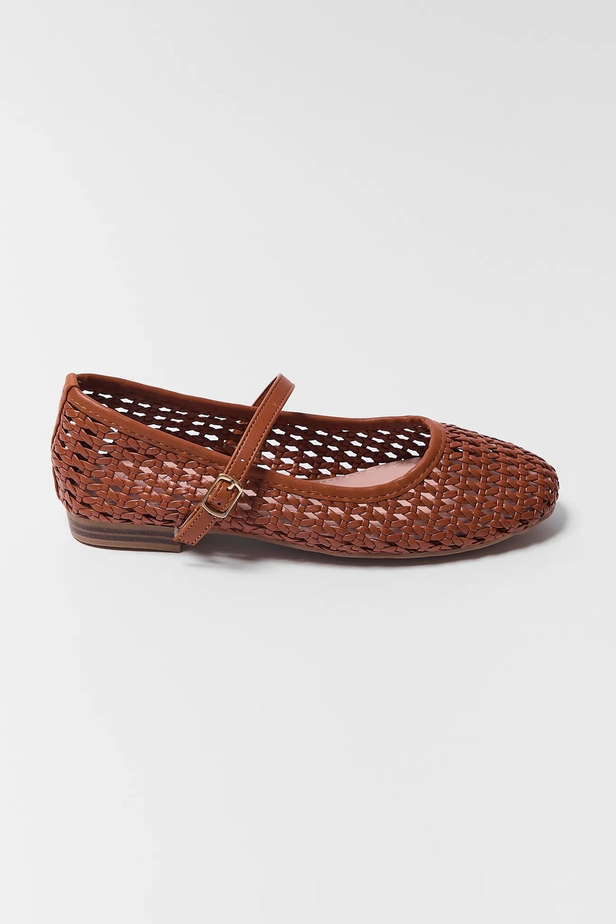 Brown Woven Ballet Flat - Side Profile with Gold Buckle Strap | Avara