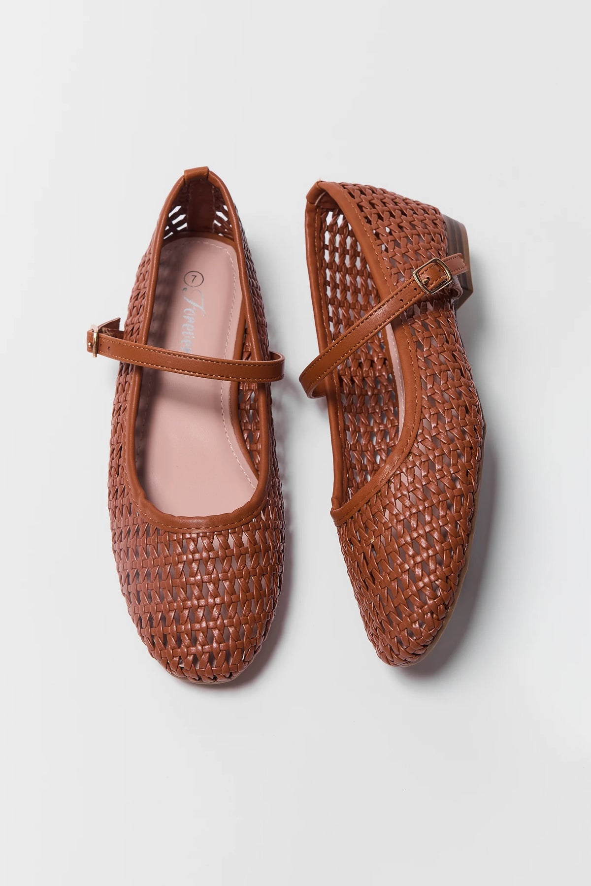 Brown Woven Faux Leather Ballet Flats - Top Down Flat Lay Pair | Avara