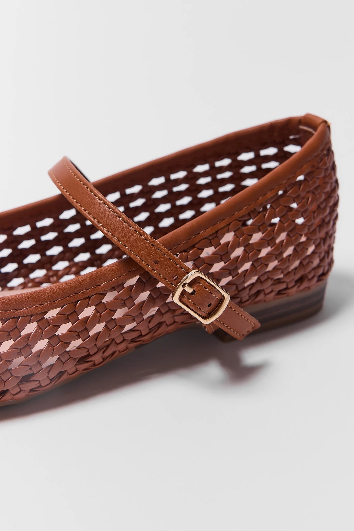 Brown Woven Ballet Flat - Close-Up Gold Buckle and Texture Detail | Avara