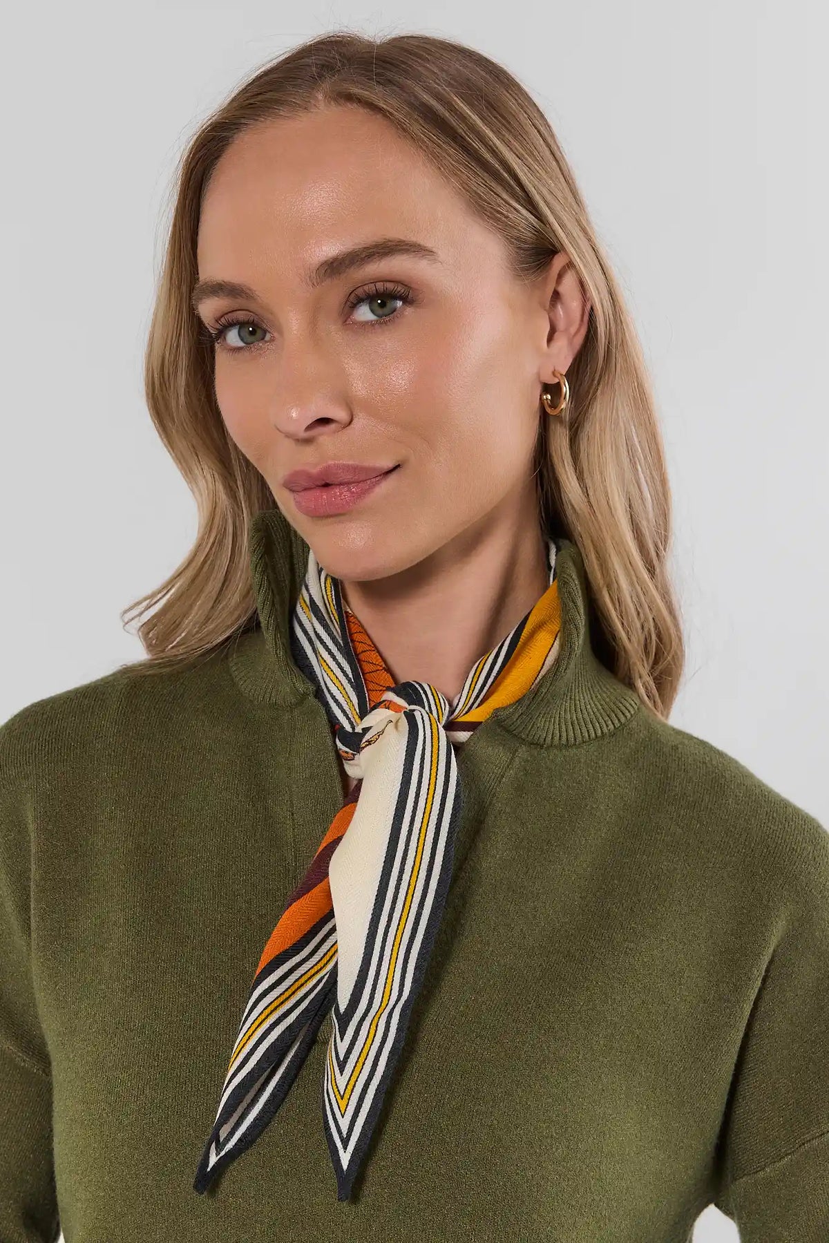 Orange Horse Print Cashmere Blend Scarf Tied at Neck On Model - Styled Look | Avara