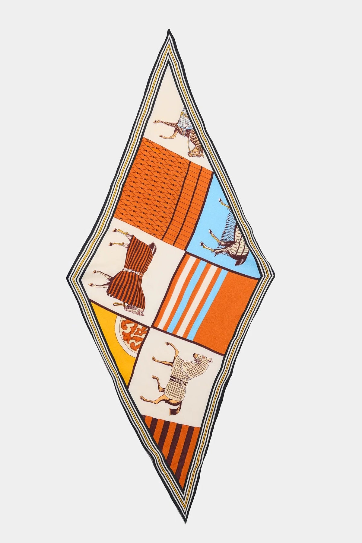 Orange Horse Print Square Scarf - Diamond Flat Lay Showing Full Print Detail | Avara