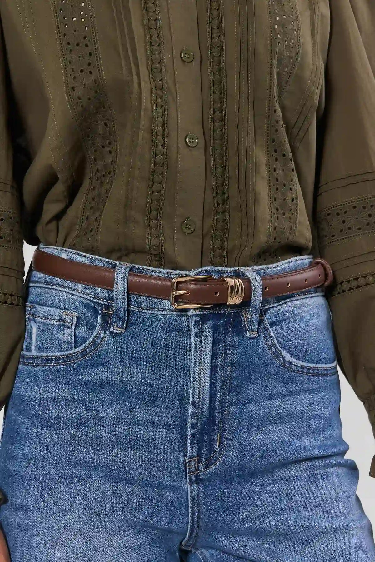 Dark Brown Faux Leather Belt - Styled on Model with Denim and Olive Top | Avara