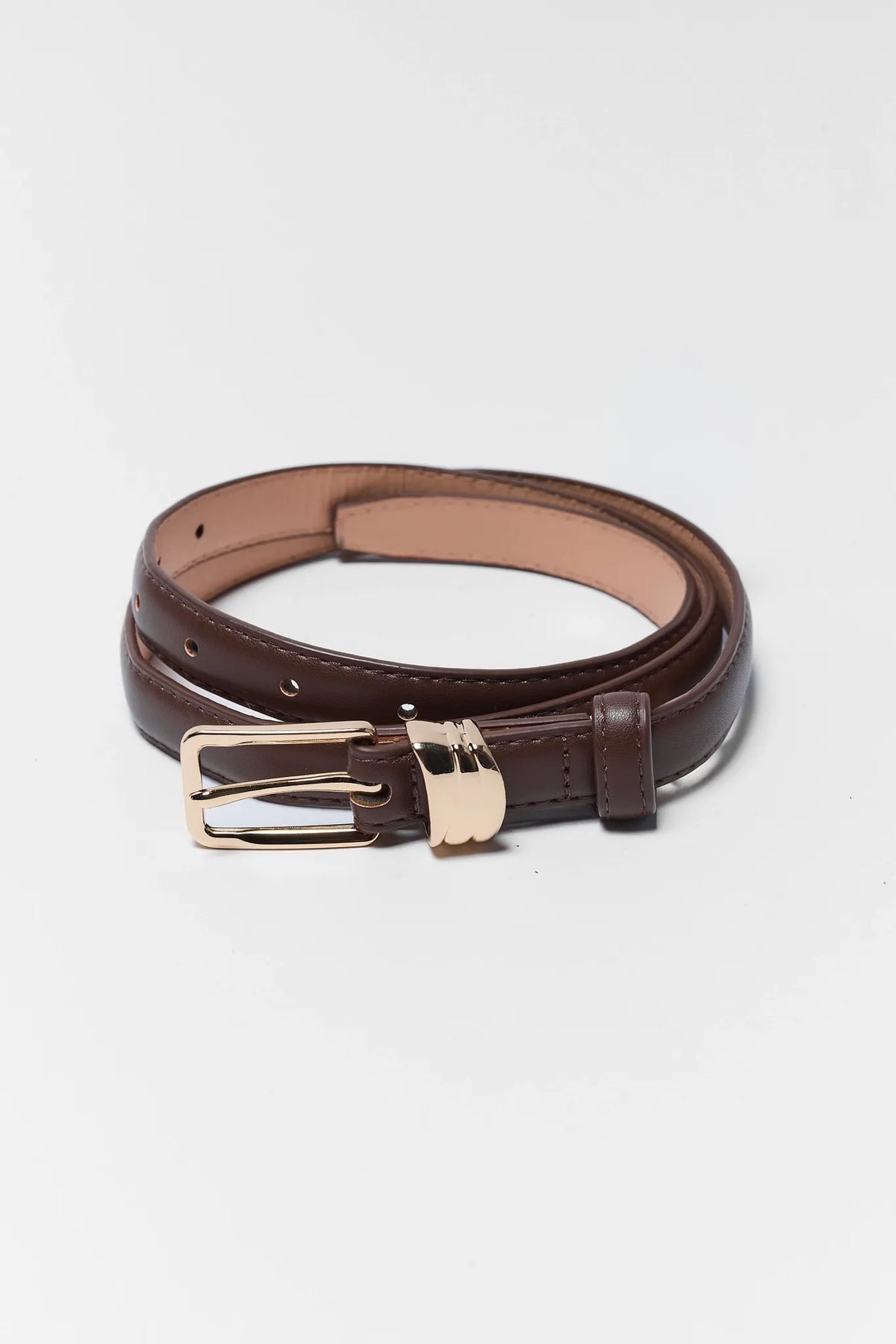 Dark Brown Faux Leather Stacked Loop Belt - Coiled Flat Lay with Gold Buckle Detail | Avara