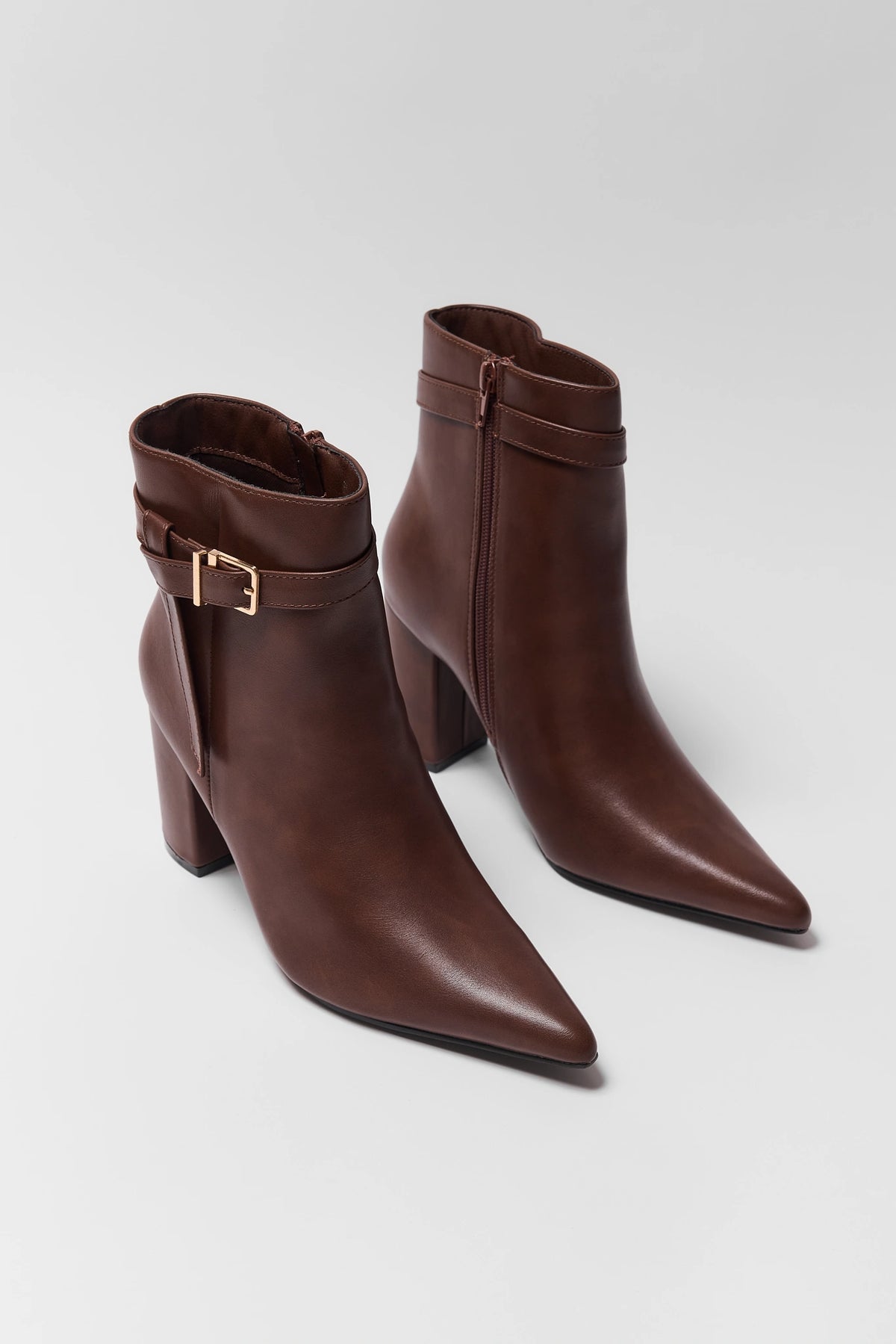 Brown Women's Pointed Toe Buckle Ankle Boots Pair - Front & Back View | Avara