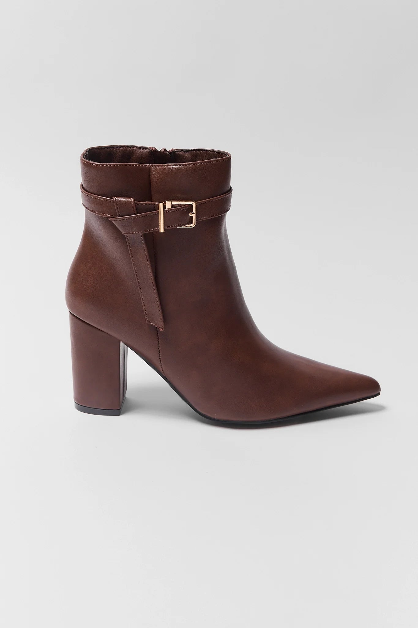 Brown Faux Leather Pointed Toe Buckle Ankle Boot - Side View | Avara