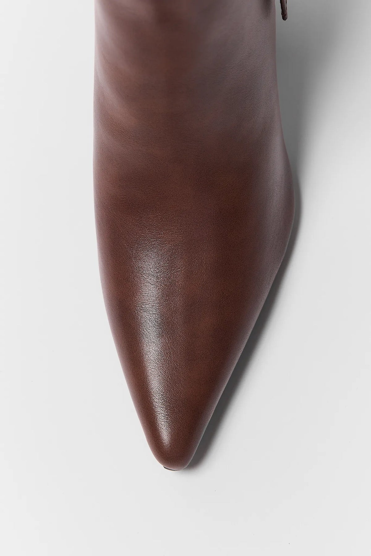Brown Faux Leather Pointed Toe Boot - Sharp Toe Close-Up Detail | Avara