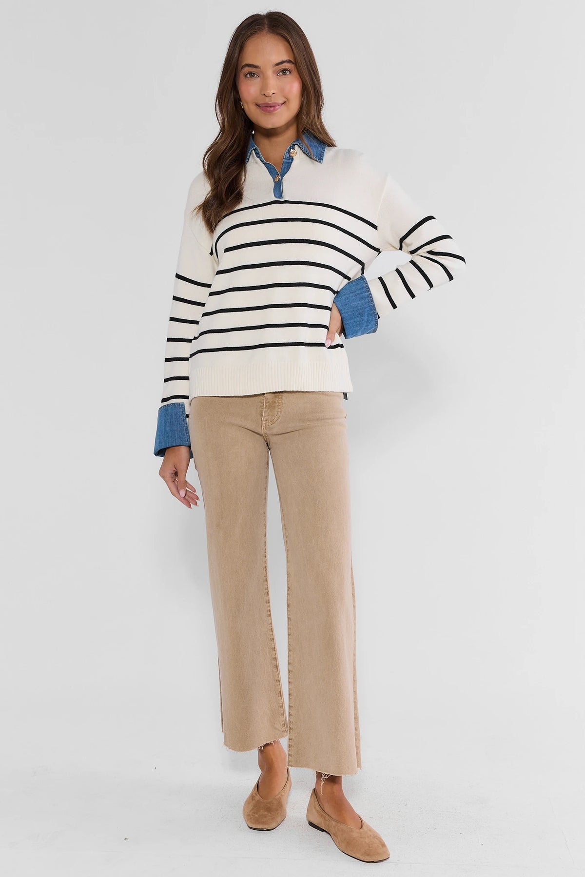 Tan Wide Leg Jeans Styled with Striped Sweater - Full Length On Model | Avara