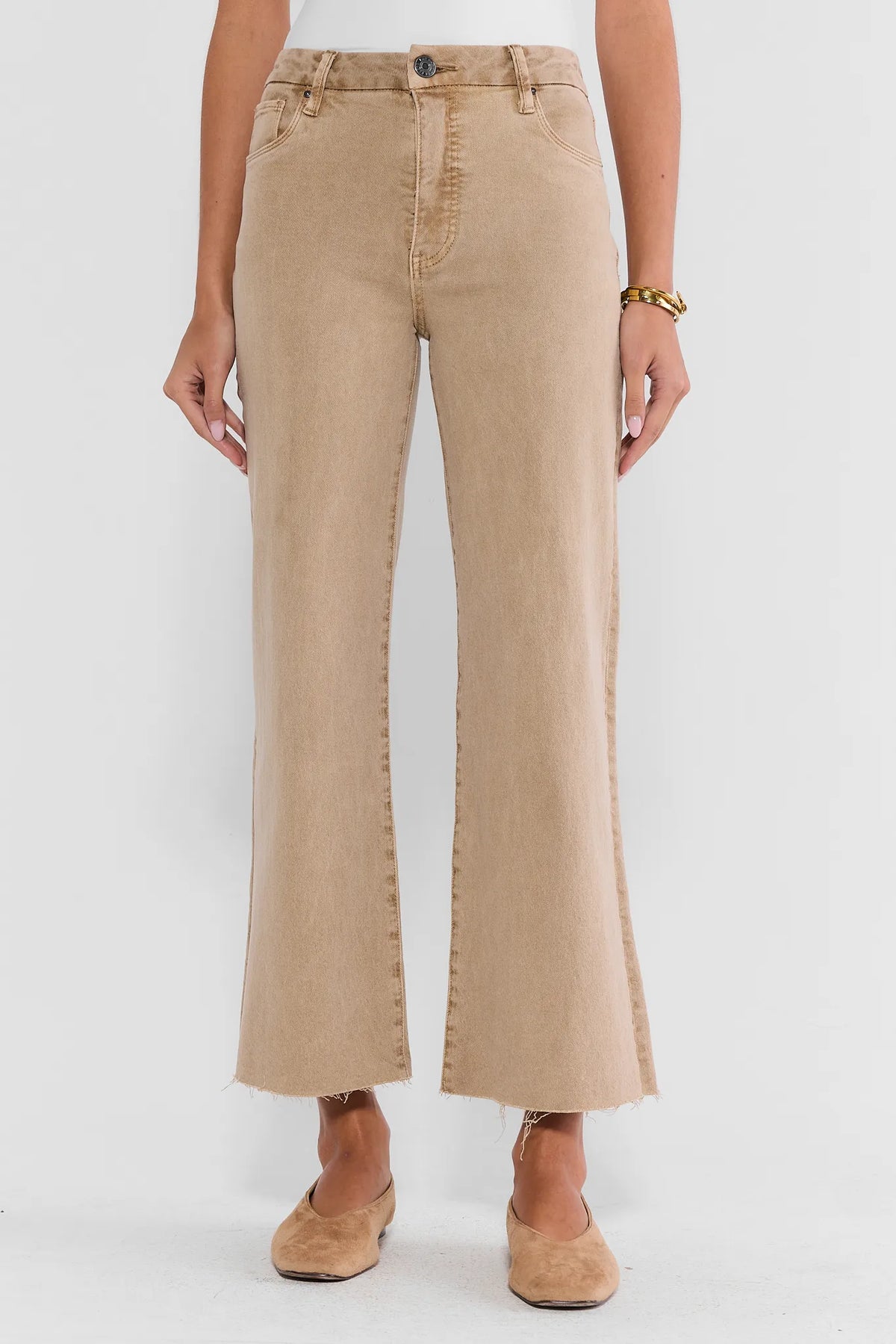 Tan Wide Leg Jeans Women - Front View, Raw Hem | Avara