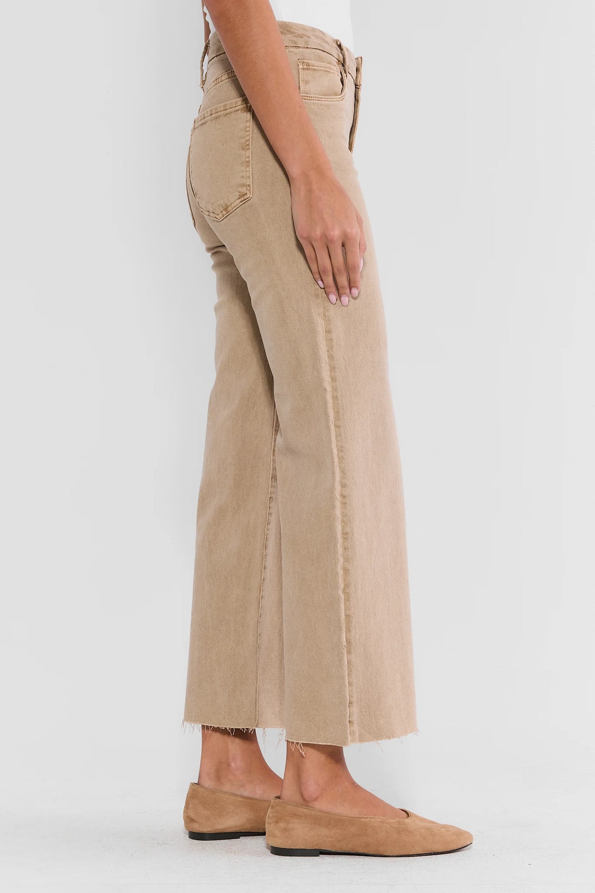 Tan Wide Leg Jeans Women - Side View, Raw Hem Detail | Avara