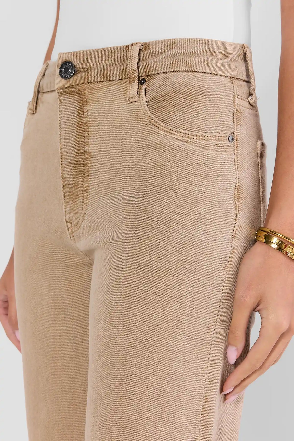 Tan Wide Leg Jeans - Waistband & Pocket Detail Close-Up | Avara