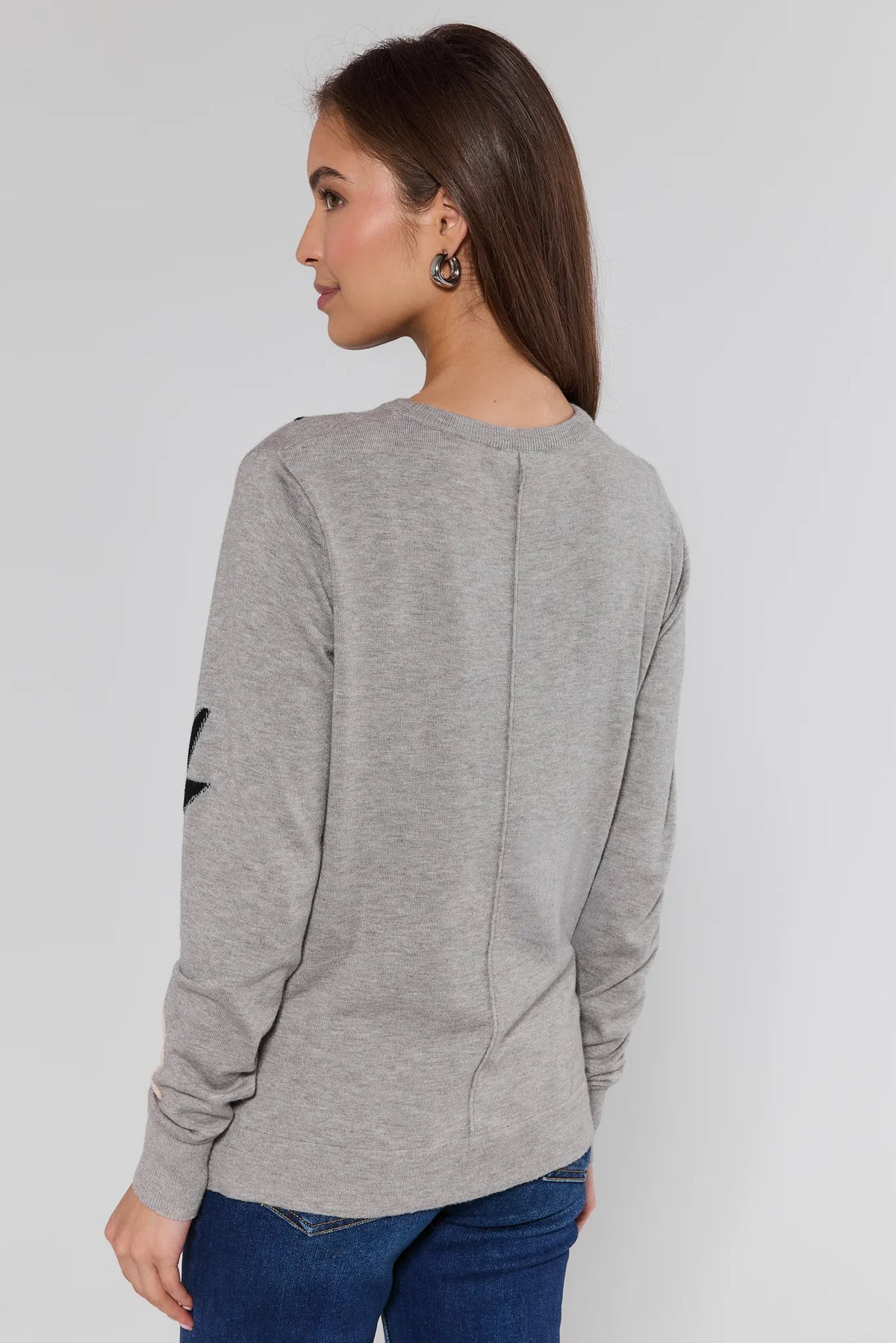 Gray Lightning Bolt Knit Sweater by THML - Back View, Round Neck Long Sleeve Top | Avara