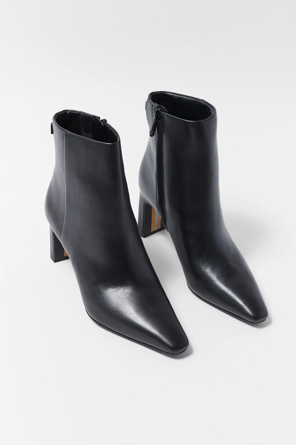 Black Leather Pointed Toe Ankle Booties - Overhead Pair Flat Lay | Avara