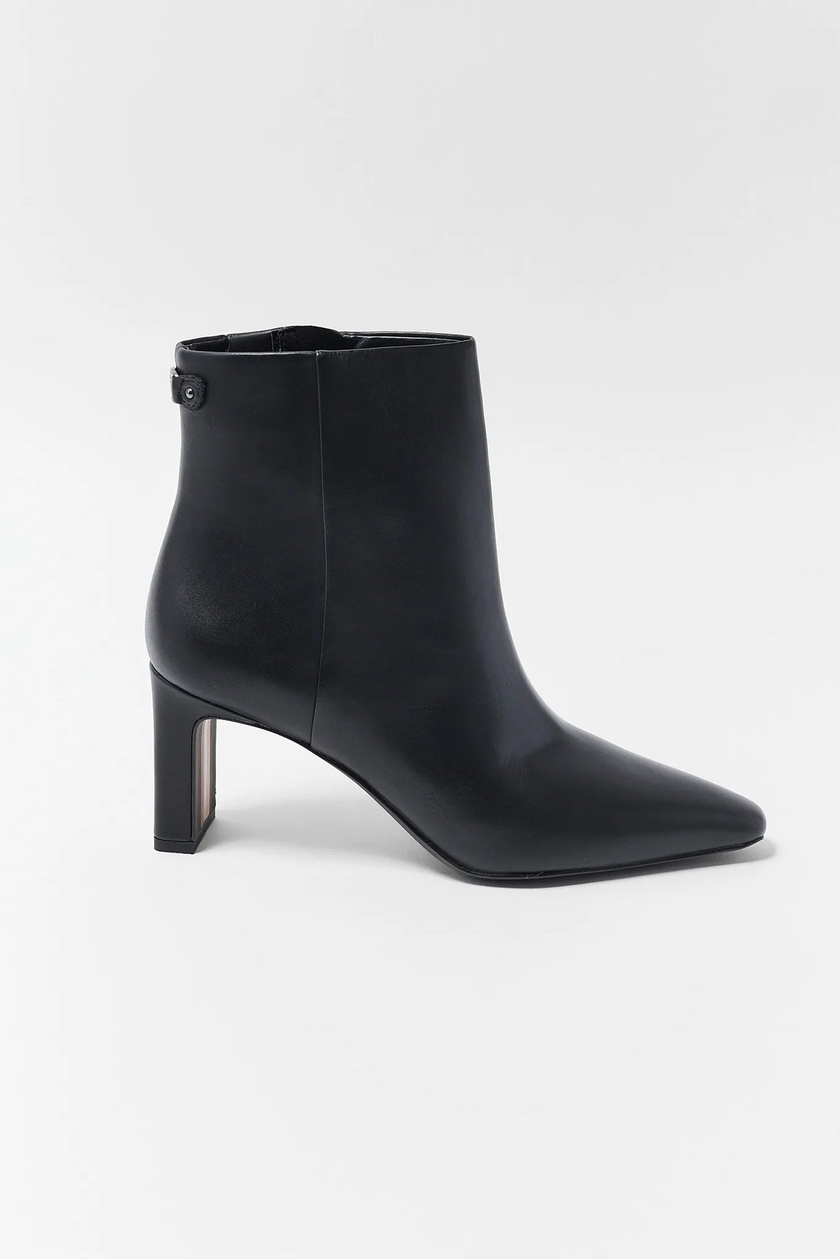 Black Leather Heeled Ankle Bootie - Side Profile with Block Heel | Avara