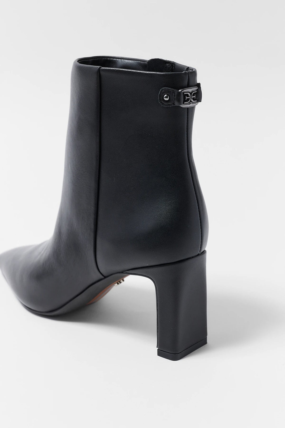 Black Leather Ankle Bootie - Back View with Logo Hardware Detail | Avara