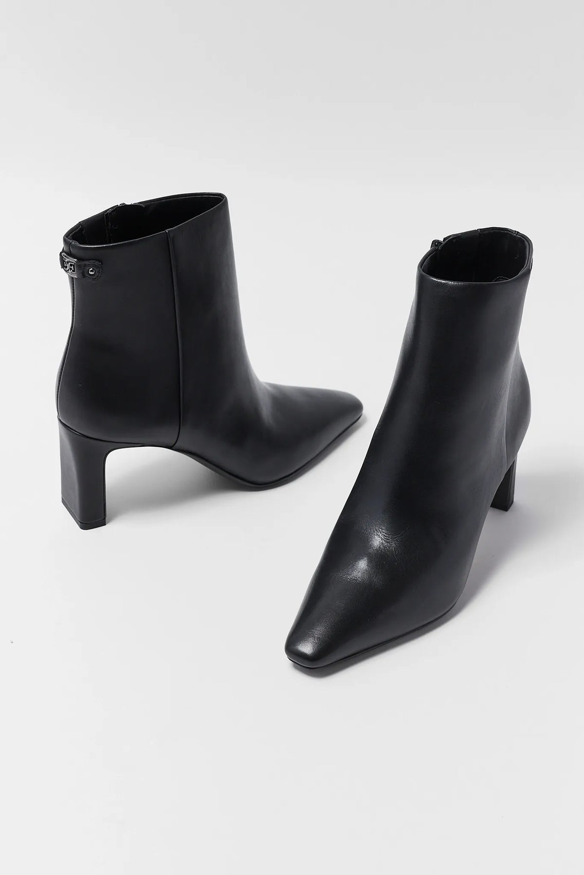 Black Leather Pointed Toe Ankle Bootie - Pair Angled View | Avara