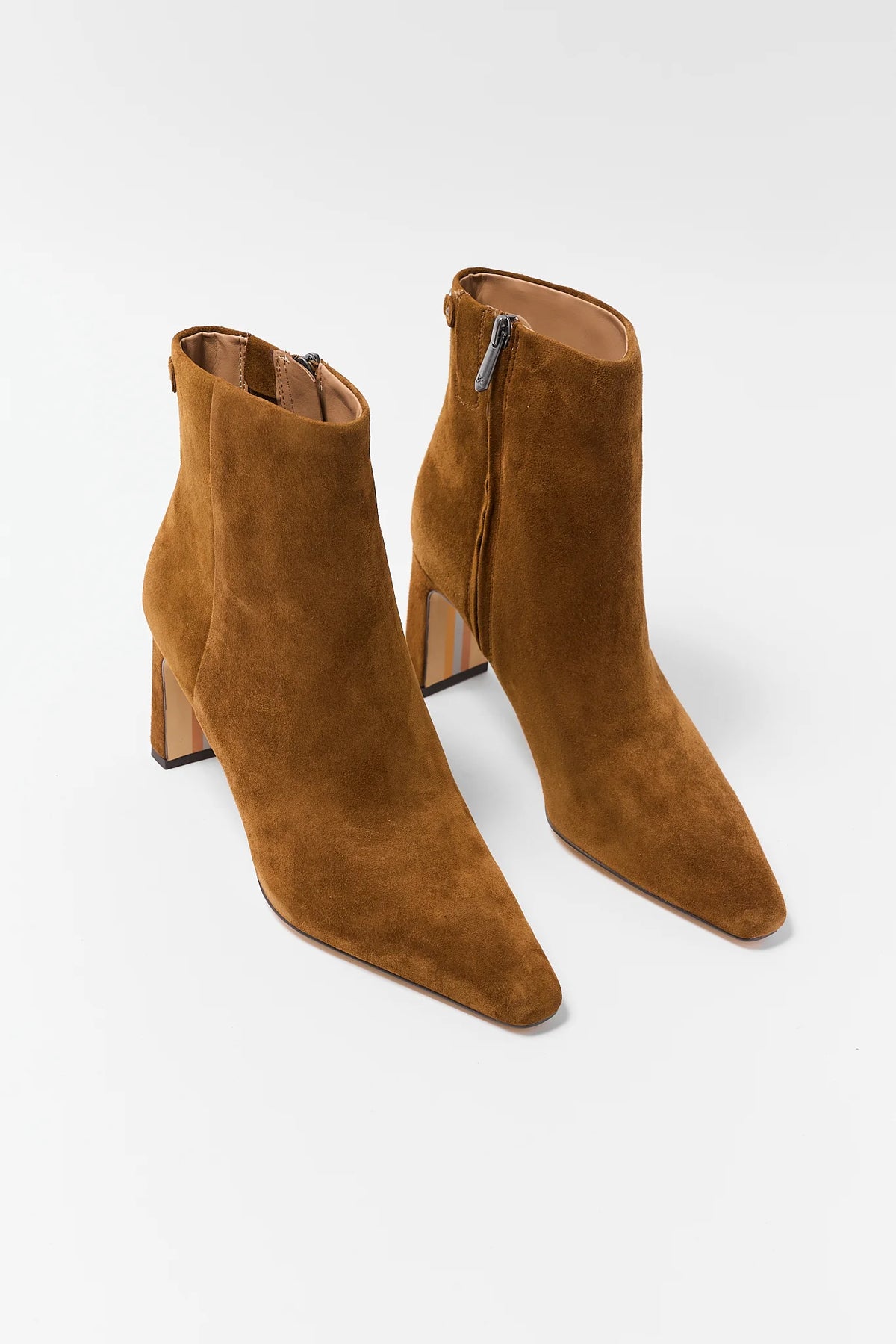 Tan Suede Pointed-Toe Ankle Bootie - Front Pair View with Side Zipper | Avara