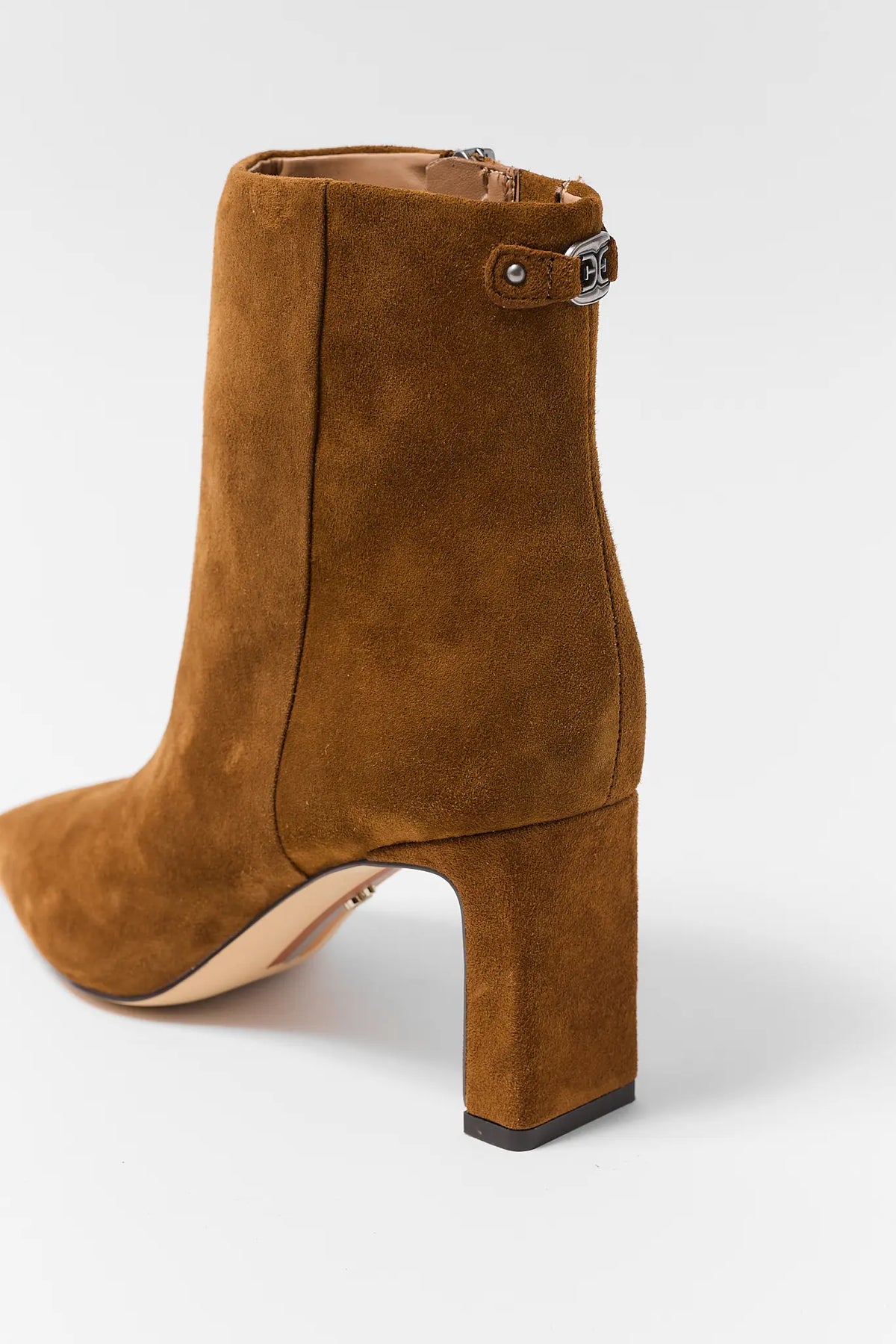 Tan Suede Ankle Bootie - Back View with Silver Hardware Detail | Avara