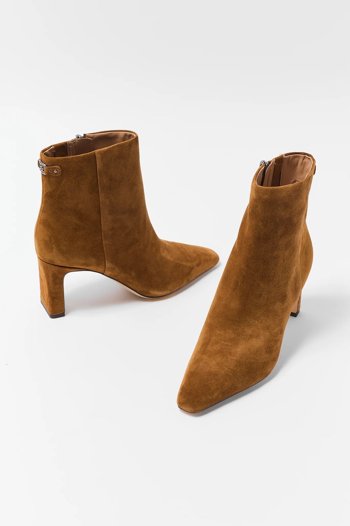 Tan Suede Pointed-Toe Ankle Bootie - Pair Both Angles | Avara