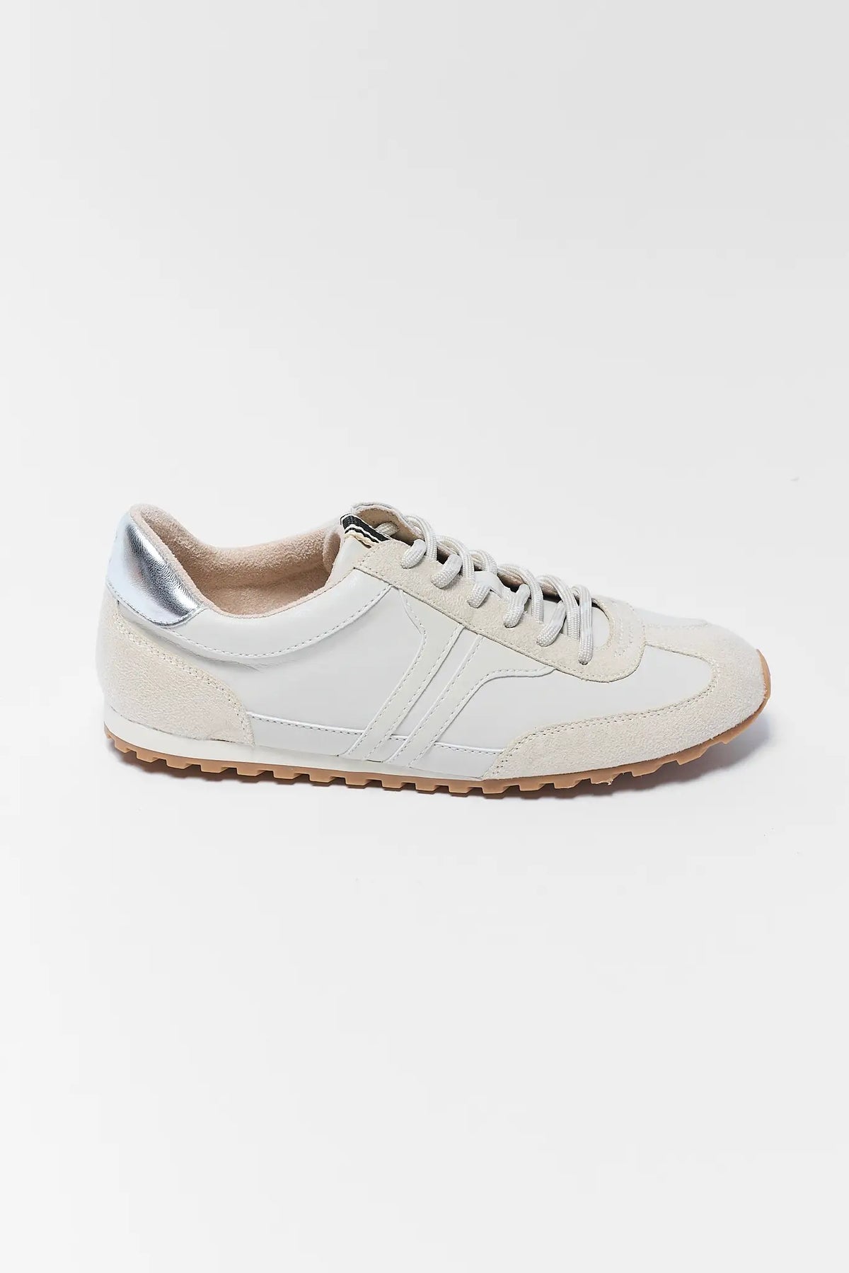 White Faux-Suede Sarah Sneaker with Silver Heel Detail - Side Profile | Avara