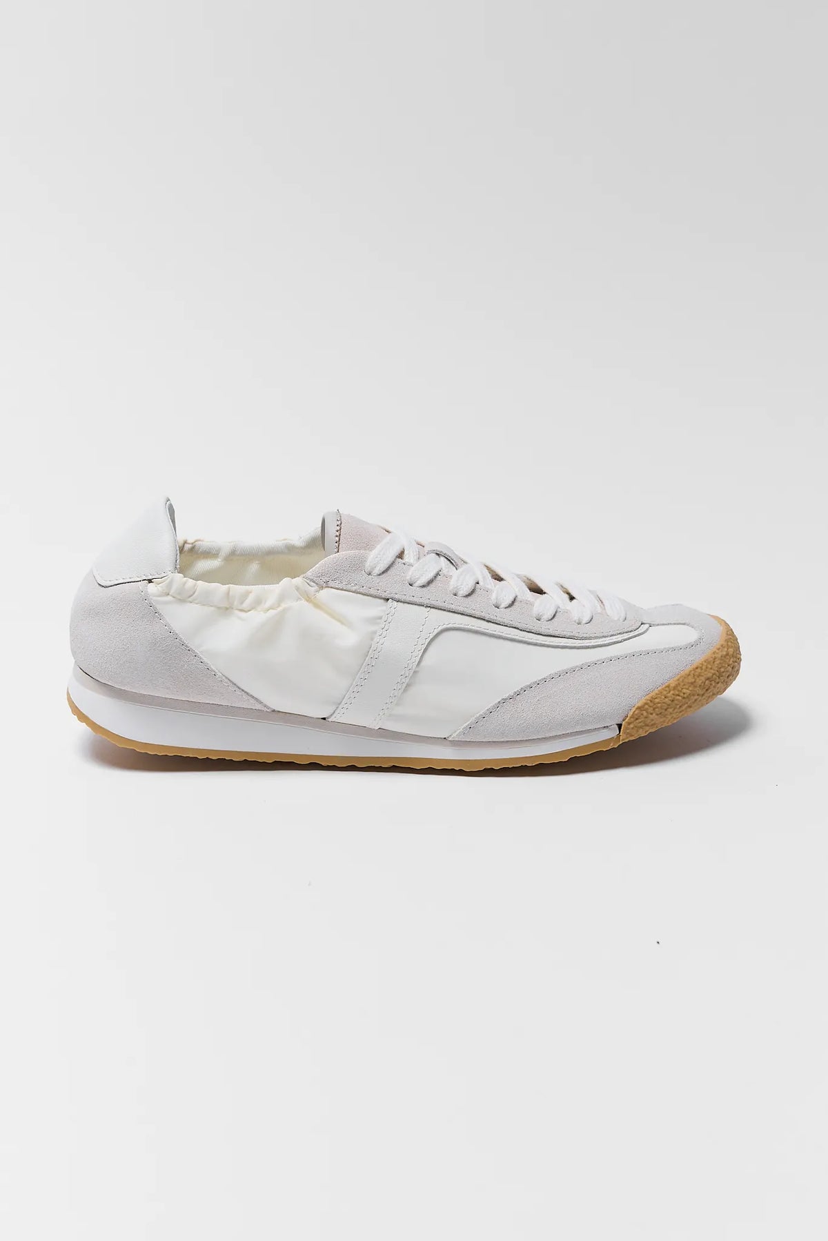 Dolce Vita Sariya white nylon sneaker with tan gum sole - Side Profile | Avara