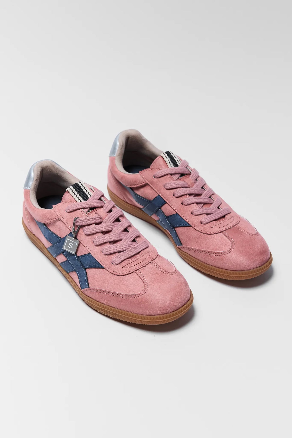 Pink faux suede sporty sneakers with navy stripe and silver charm - Pair View | Avara