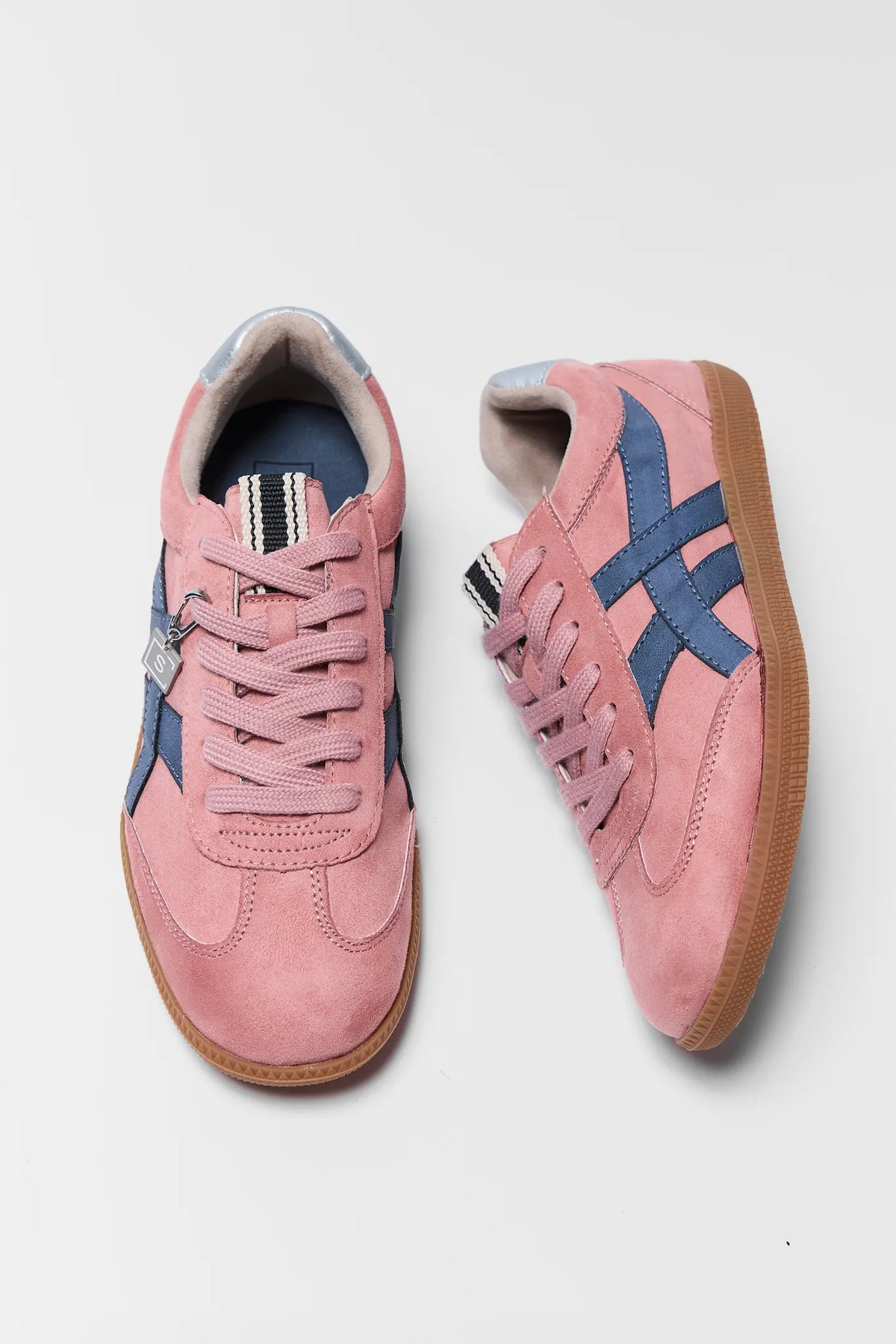 Pink faux suede sporty sneakers with navy stripe detail - Top View, cute women's shoes | Avara