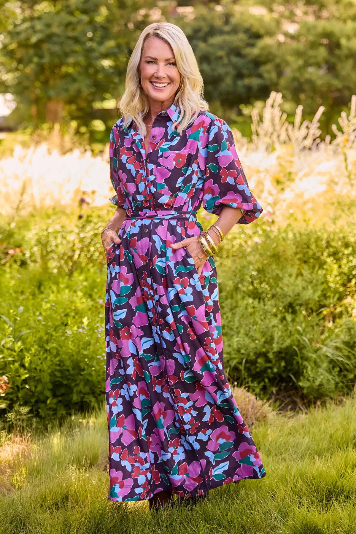 Purple Multi Floral Print Modest Maxi Dress - On Model Outdoor Front View, Belted Waist | Avara