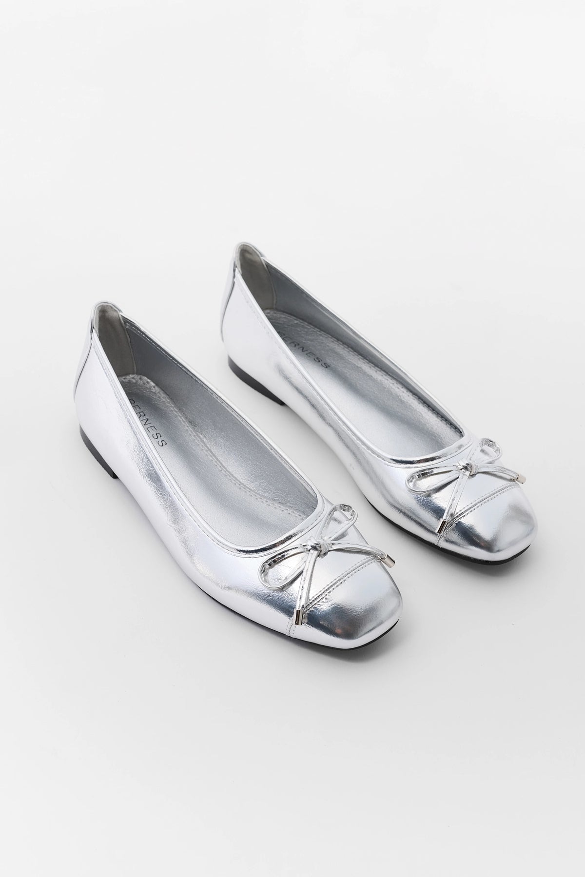Silver Chrome Bow Ballet Flats - Angled Pair View, Women's Flats | Avara